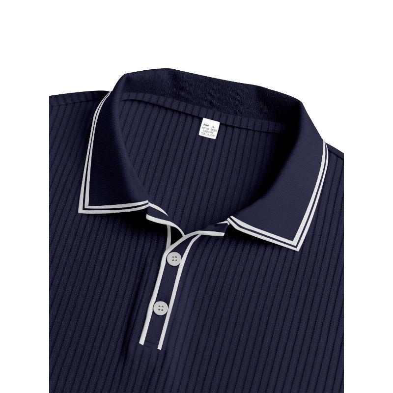 Mens Long Sleeve Striped Polo Shirt Loose Breathable Business Casual