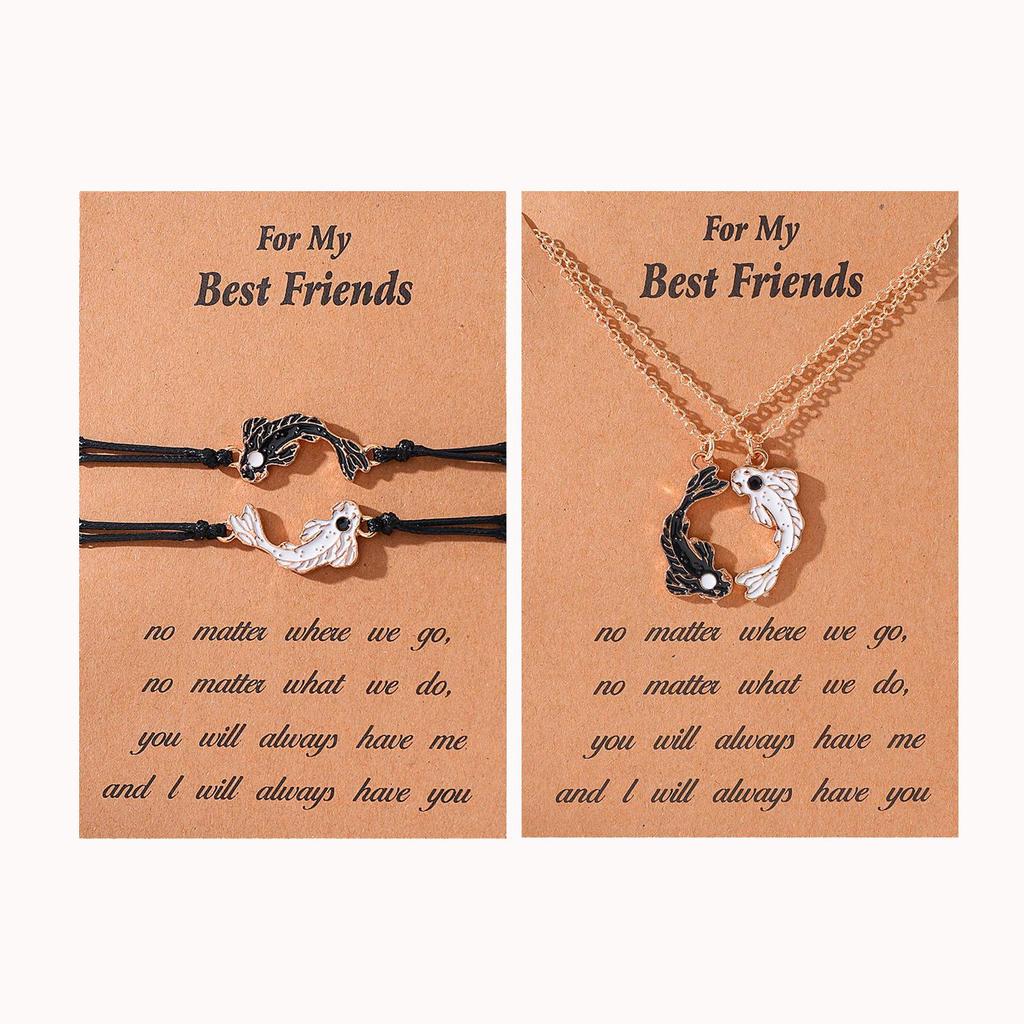 European & American Drip Oil Tai Chi Fish Best Friends Woven Bracelet & Necklace Set