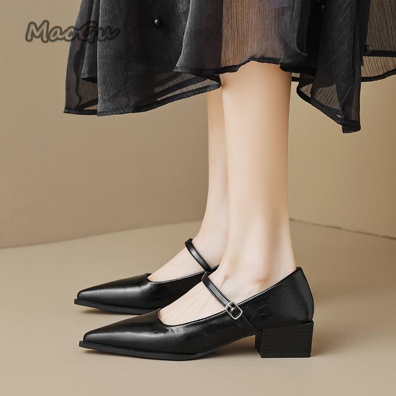 Fashion French Style Silver Black Mary Jane Shoes Pointed Toe Chunky Heel Ankle Strap Dress Shoes for Women Elegant Mid Heel Pumps 34-42