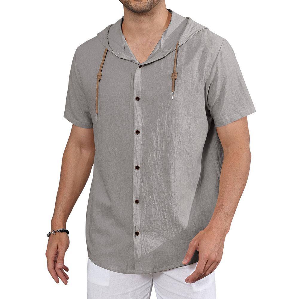 Men's Short Sleeve Shirt Cotton Linen Breathable Lightweight Solid Color Drawstring Hooded Shirts Casual Simple Style Tops