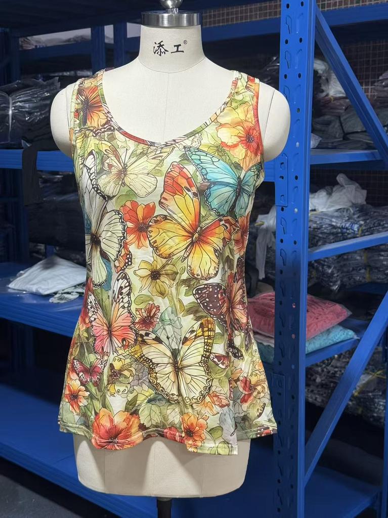 Women's V Neck Sleeveless Tank Top Loose Fit Vintage Floral Print Casual Vest Summer Fashion Basic Top