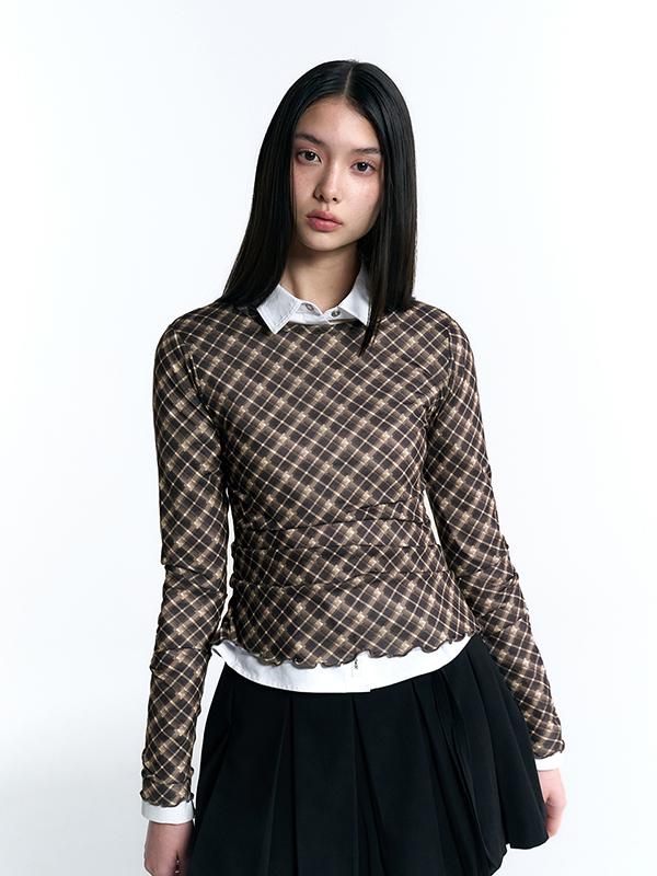 KIRSH Cheek Check Slim Fit T-Shirt [Brown]