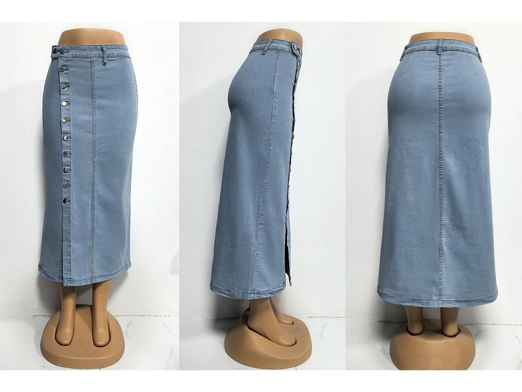 High Waist Sexy Slim Fit Denim Skirt with Button Slit for Women