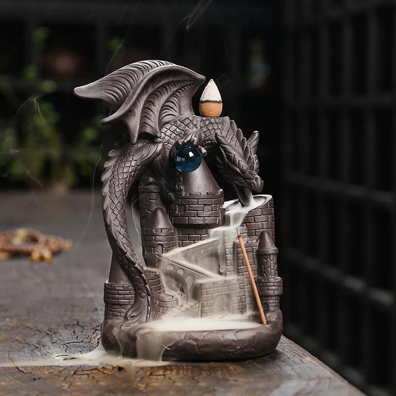 Purple Sand Dragon Inverted Incense Burner Creative Ceramic Castle Winged Dragon Inverted Smoke Incense Burner Ornaments Crafts