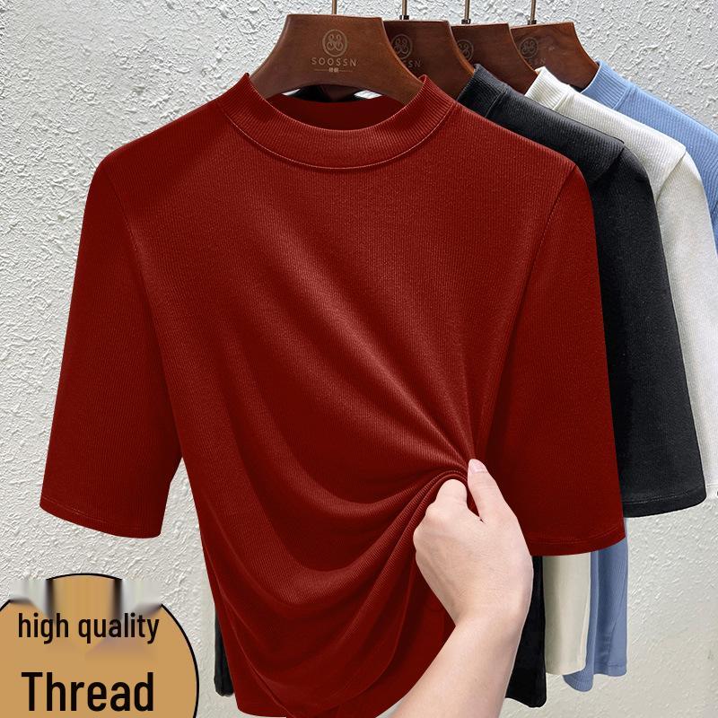 2026 Summer Women's Ribbed T-shirt with Five-Point Sleeves: Slimming, Flattering, Regular Shoulder Top