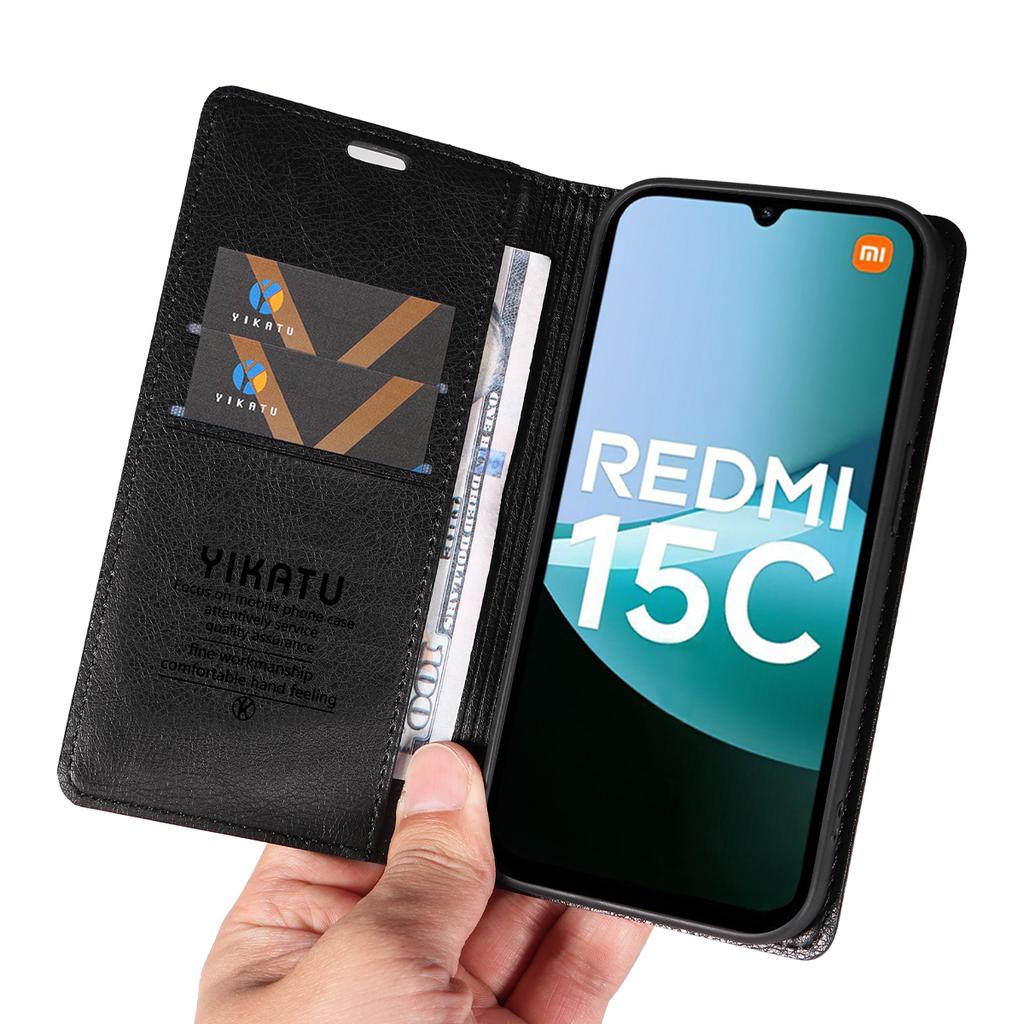 For Xiaomi Redmi 15C 4G (171mm) Wallet Case YIKATU YK-006 Magnetic Closure Leather Phone Cover Litchi Texture
