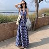 Blue Plaid Neck Dress for Women's Summer New Waist Halter Long V-neck Seaside Vacation Suspender Skirt