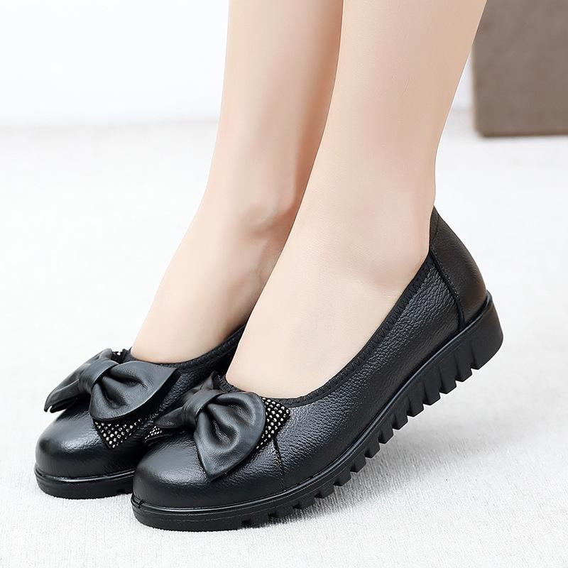 Big size 42 genuine leather ladies shoes spring bow-tie shallow loafers soft bottom mom's flats office lady dress shoes