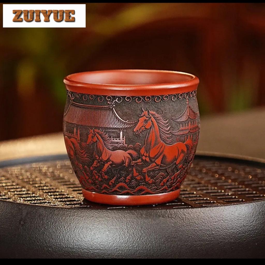 180ml Yixing Purple Clay Relief Eight Horses Zodiacs Teacup Vintage Tea Bowl Mug Tea-tasting Personal Cup Jianzhan Master Cups
