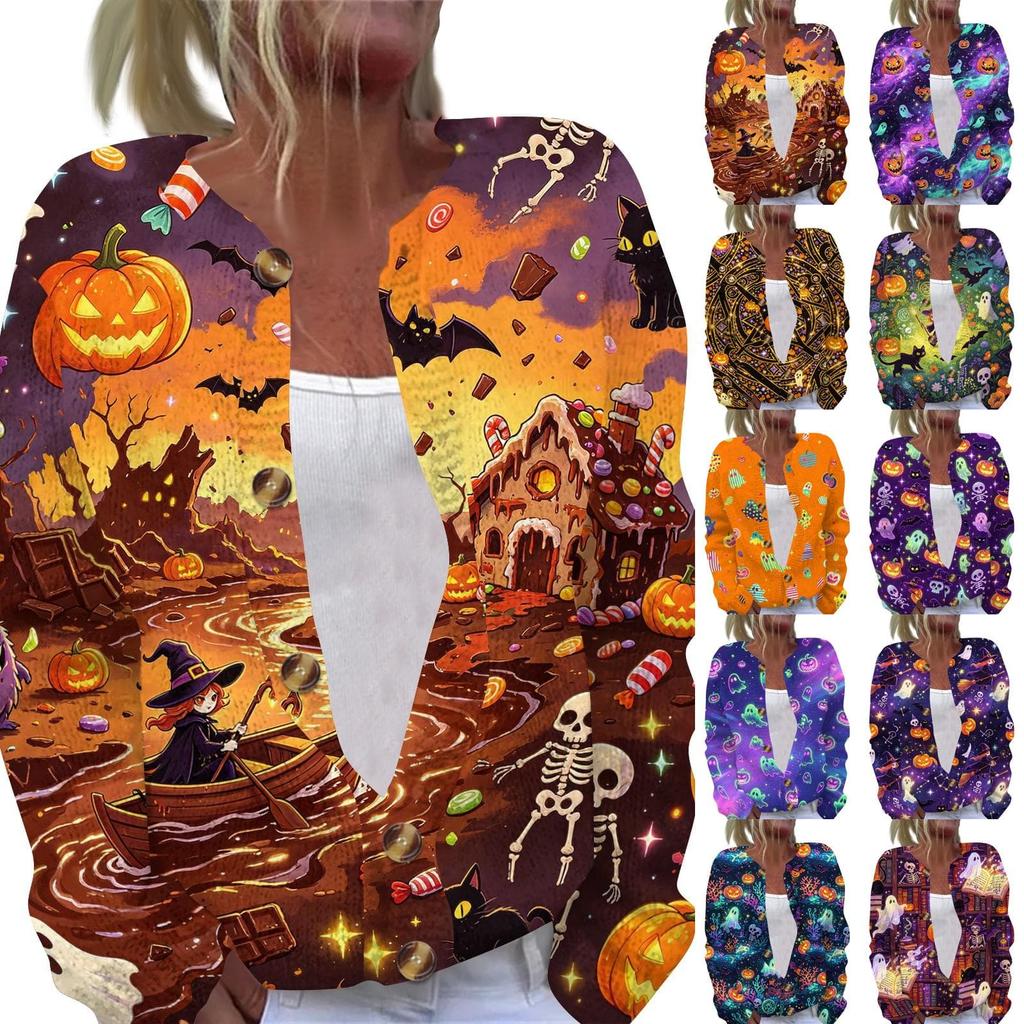 Damen Halloween Print Langarm Strick Cardigan Knopfleiste Pullover Mantel Leichte Oberbekleidung für Herbst und Winter