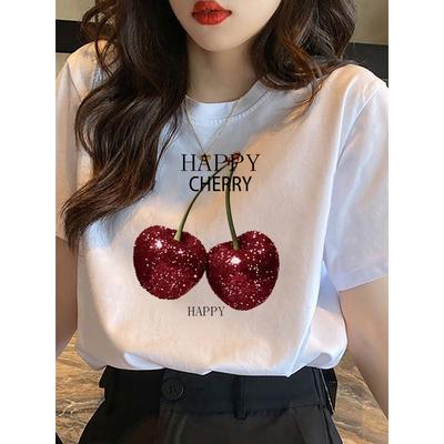 T-shirt da Donna Taglia Europea Happy Cherry con Stampa Ciliegie Manica Corta - Bianca Vestibilità Rilassata Scollo Tondo con Logo Happy Cherry