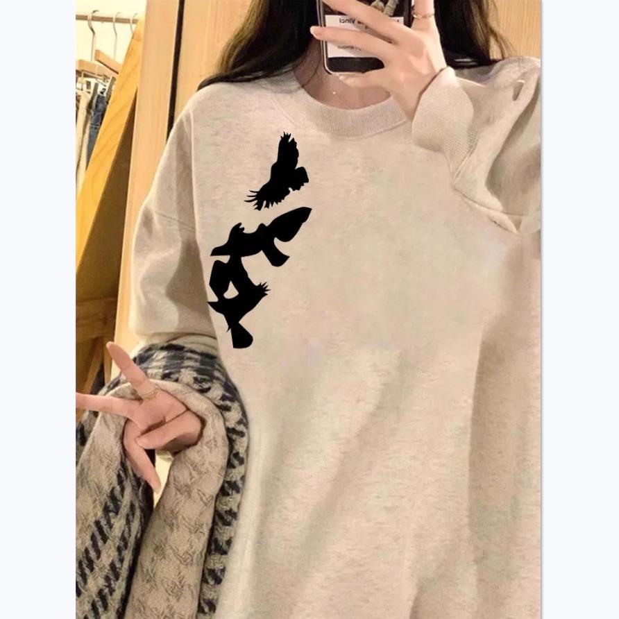Women's Fleece-Lined Retro Chic Long-Sleeve Sweatshirt - Cozy Autumn/Winter Loose Fit