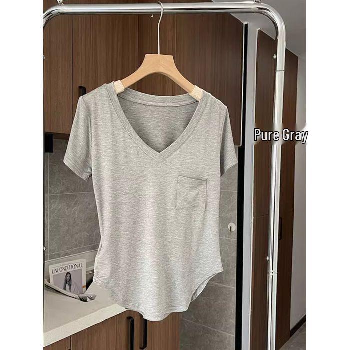 

Шикарная, милая и пикантная женская футболка с коротким рукавом, V-образным вырезом и карманом, облегающего кроя, весенняя мода в корейском стиле. Extra Large серый