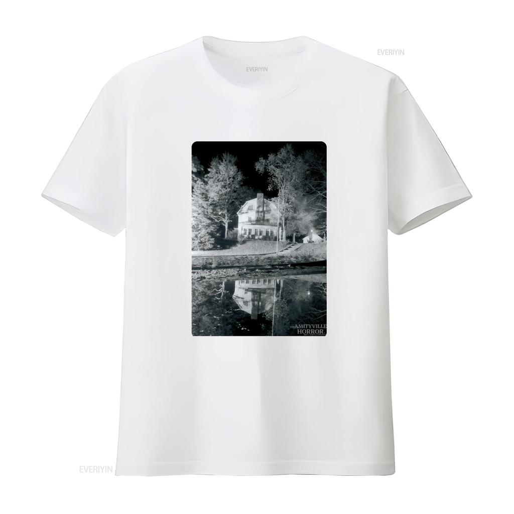Amityville Horror Classic Black T Shirt for Adults Spooky Nighttime House Print Design Vintage Washed Unisex Designer Clothes