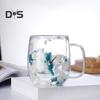 250ml Double Walled Glass Mug Clear Floral Wide Mouth Cup with Handle Insulated Coffee Tumbler for Coffee Tea Chocolates