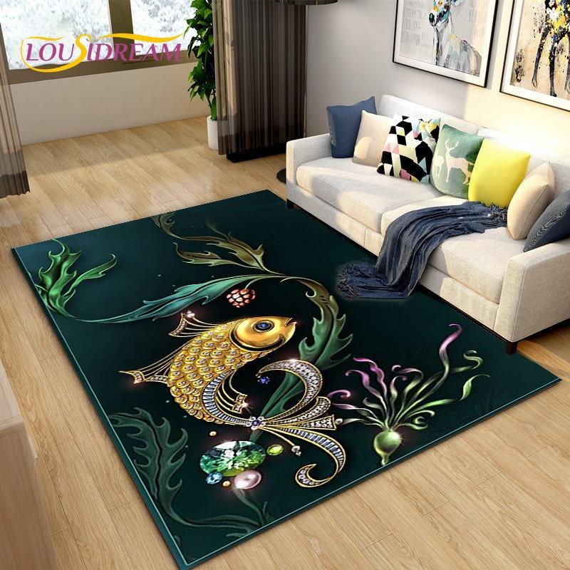 Nordic Luxury 3D Fish Carp Area Rug Large,Carpet Rug for Living Room Bedroom Sofa Decoration,Kitchen Doormat Non-slip Floor Mat