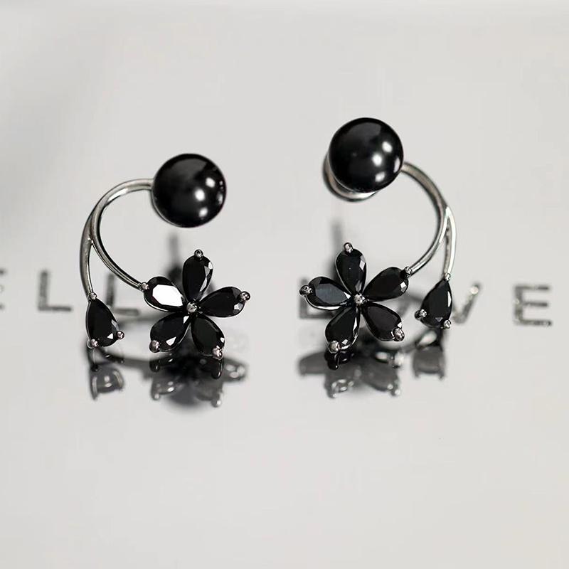 Vintage Black Zircon Flower Pearl Stud Earrings For Women Korean Elegant Personality Earrings Wedding Party Jewelry Gift Mujer