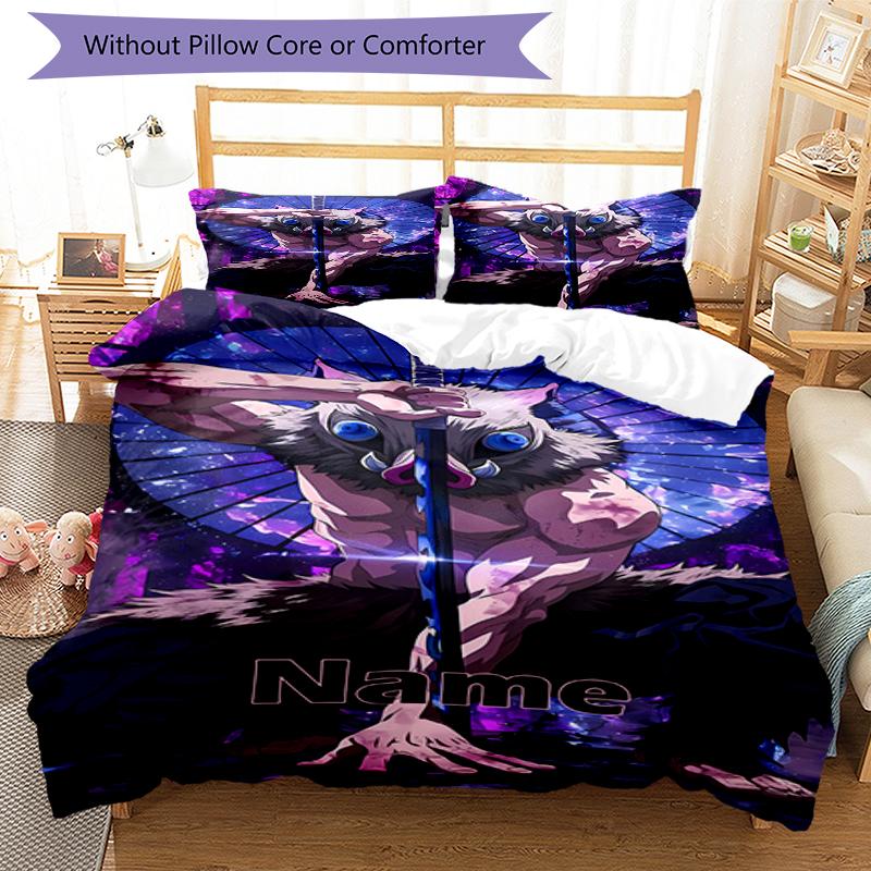 3pcs Custom Name Demon Slayer Bedding Set Duvet Cover Closure Includes 1 Duvet Cover & 2 Pillowcases, Soft and Comfortable for All Seasons.