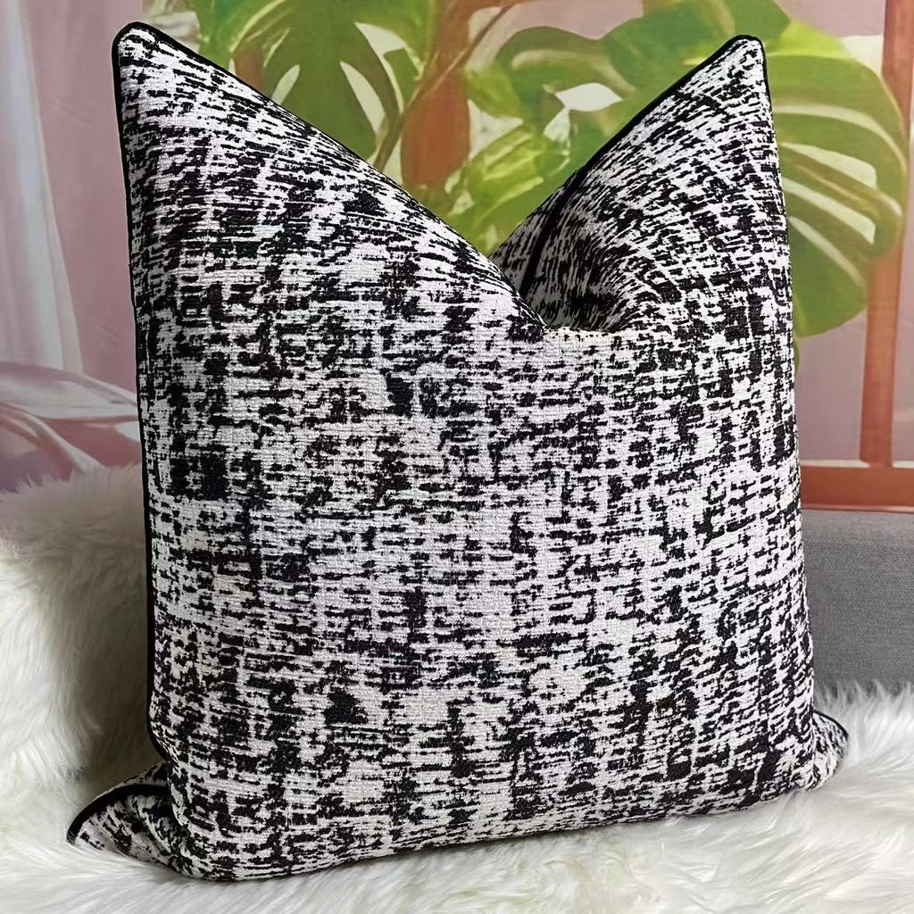 Custom Luxury Hotel Throw Pillow Cushion Cover Velvet Fabric Woven Animal Printing Soft Living Textured Black White Piping