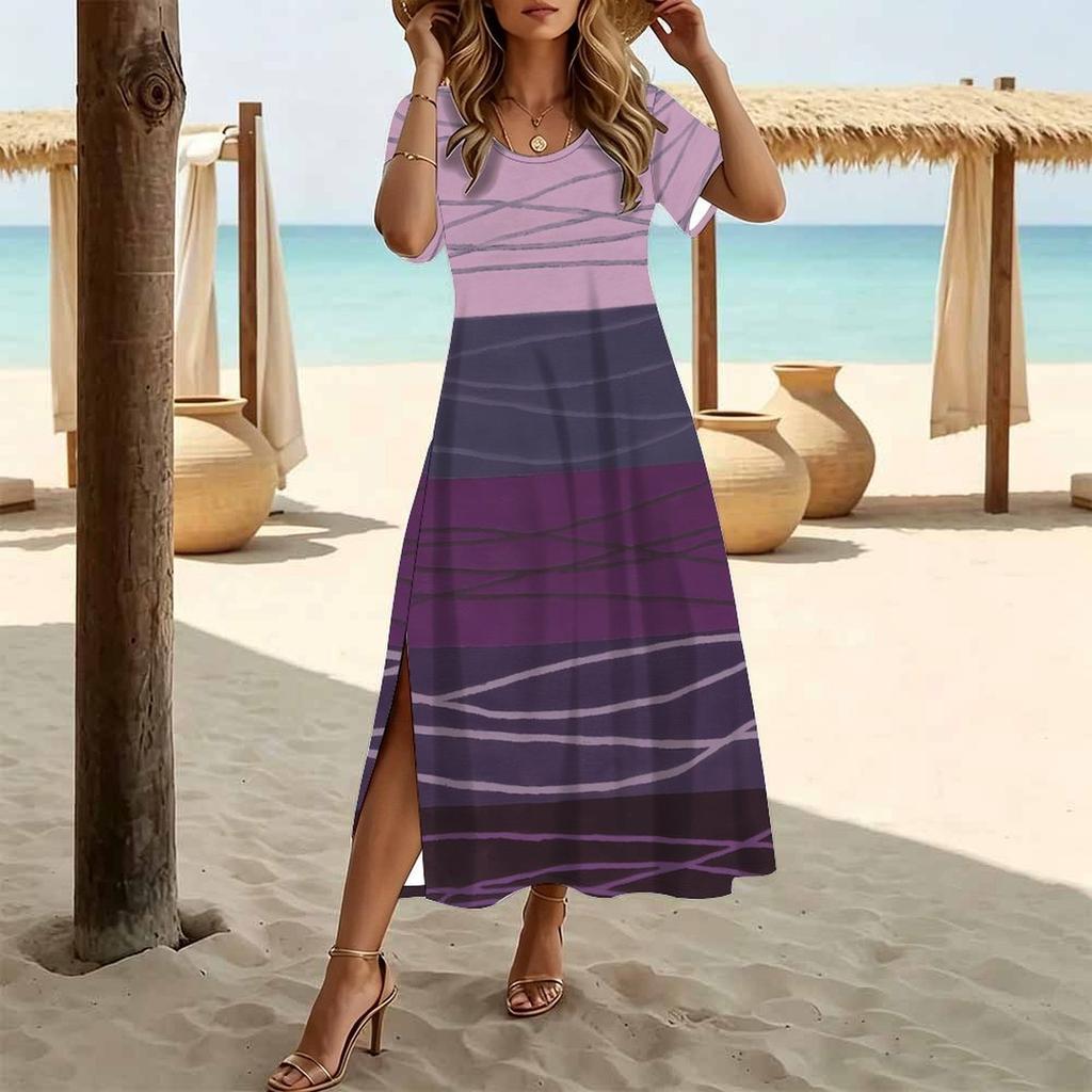 Women Fashion Round Neck Gradient Leaf Leaves Printed Short Sleeve Side Slit Dress Casual Vacation Dress Long Loose Dress
