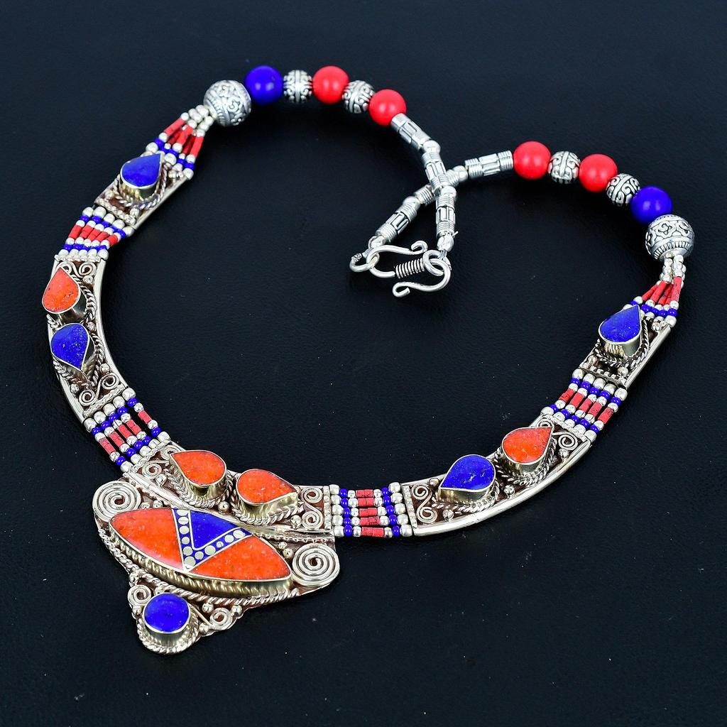 Lapis Lazuli, Coral 925 Sterling Silver Necklace Tibetan Silver Necklace Bohemian Antique Necklace Handmade Jewelry Nepali Necklace Gift For Wife