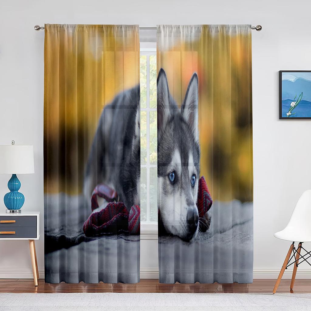 Winter Snow Husky Dog Cute Animal Puppy Sheer Voile Curtains for Living Room Bedroom Kitchen Decor Chiffon Tulle Window Curtains