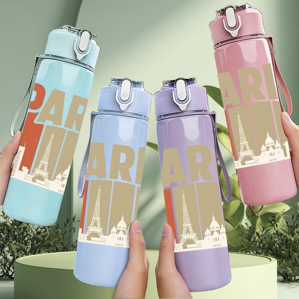 1PC Paris City Building Letter Art 750ml Color Plastic Sports Water Bottle Leakproof Flip Straw Lid Suitable for Sports Office Home Use