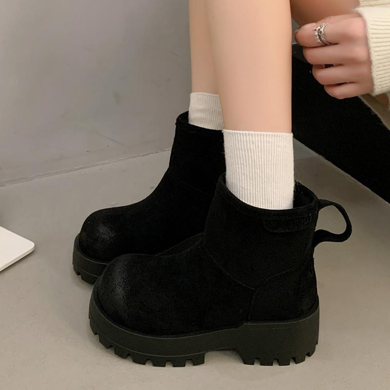 

Замшевые женские ботильоны на платформе, дизайнерские короткие плюшевые туфли на толстом среднем каблуке, тренд 2025 года, новые теплые туфли-лодочки Botas De Mujer 40 чёрный