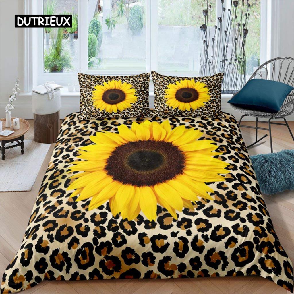 Sunflower Duvet Cover Set Queen Set Milk Cow Comforter Cover Black White Abstract Bedding Set Plant Leaf Polyester Quilt Cover