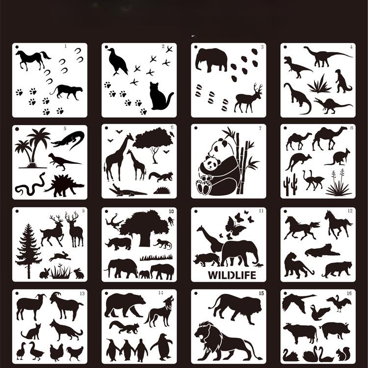 New, 16 Models, Cartoon Animals, Hollow Drawing Templates, Children's Drawing Templates, Plastic, Hollow Drawing Tools