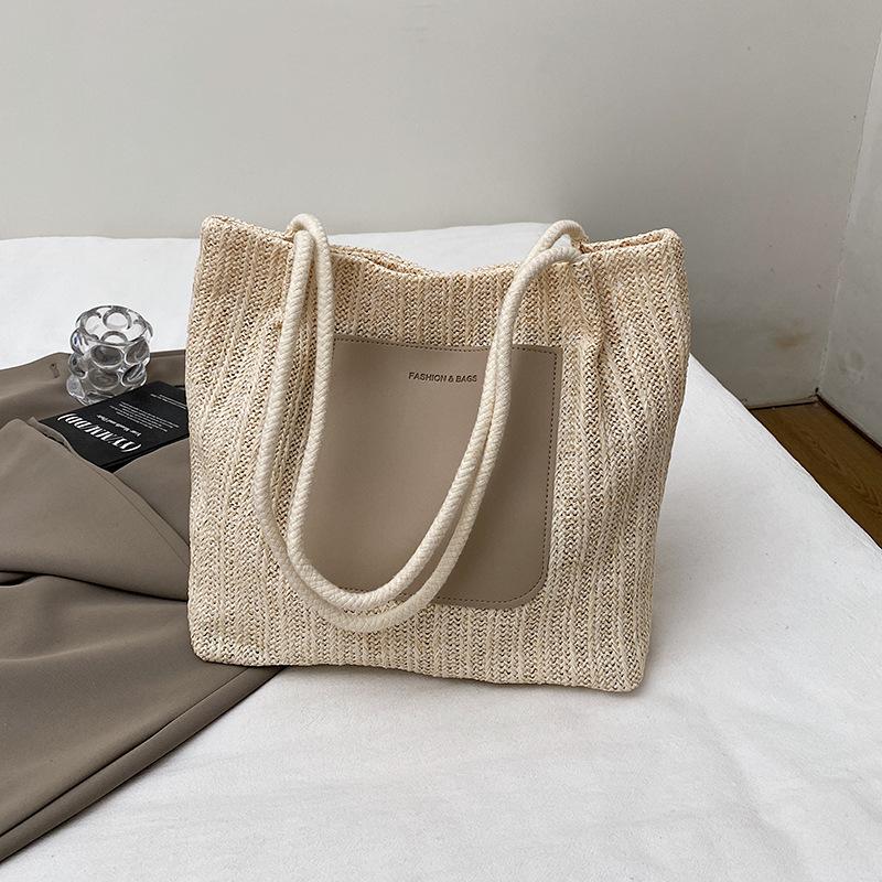 2025 summer new fashion woven shoulder bag large capacity shopping bag beach bag simple retro tote bag