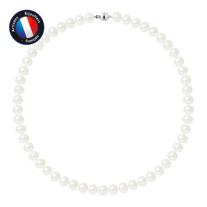 PERLINEA - Collier Perle de Culture d'Eau Douce AAA+ Semi-Ronde 9-10 mm Blanc - Fermoir Boule Argent 925 Millièmes - Bijoux Femme