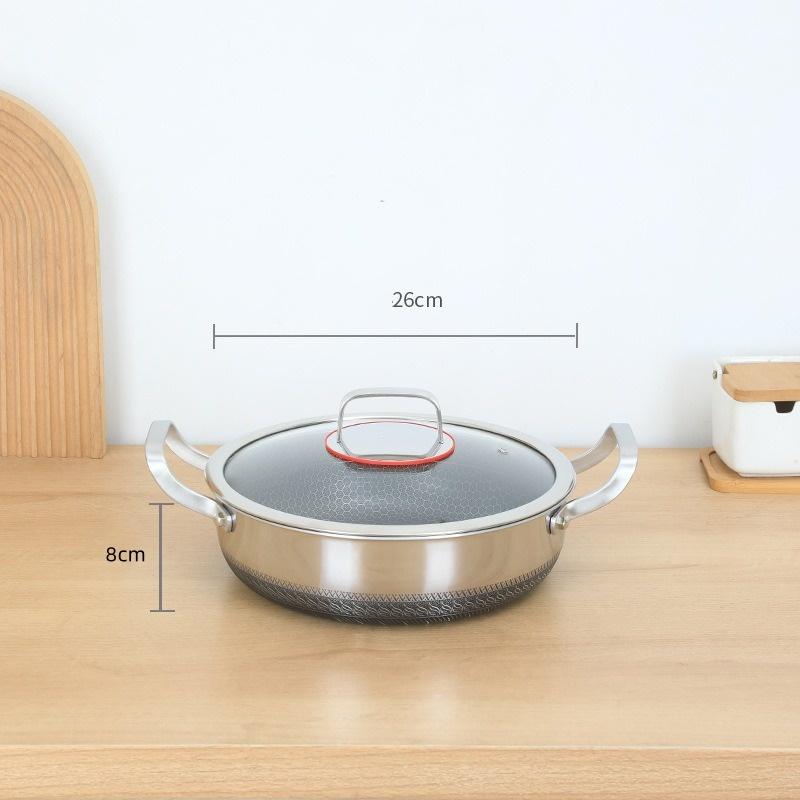 Double Ear Frying Pan Stainless Steel Stew Pot Pancake Baking Tray with Lid Induction Cooker Gas Stove Universal Non-stick Pot