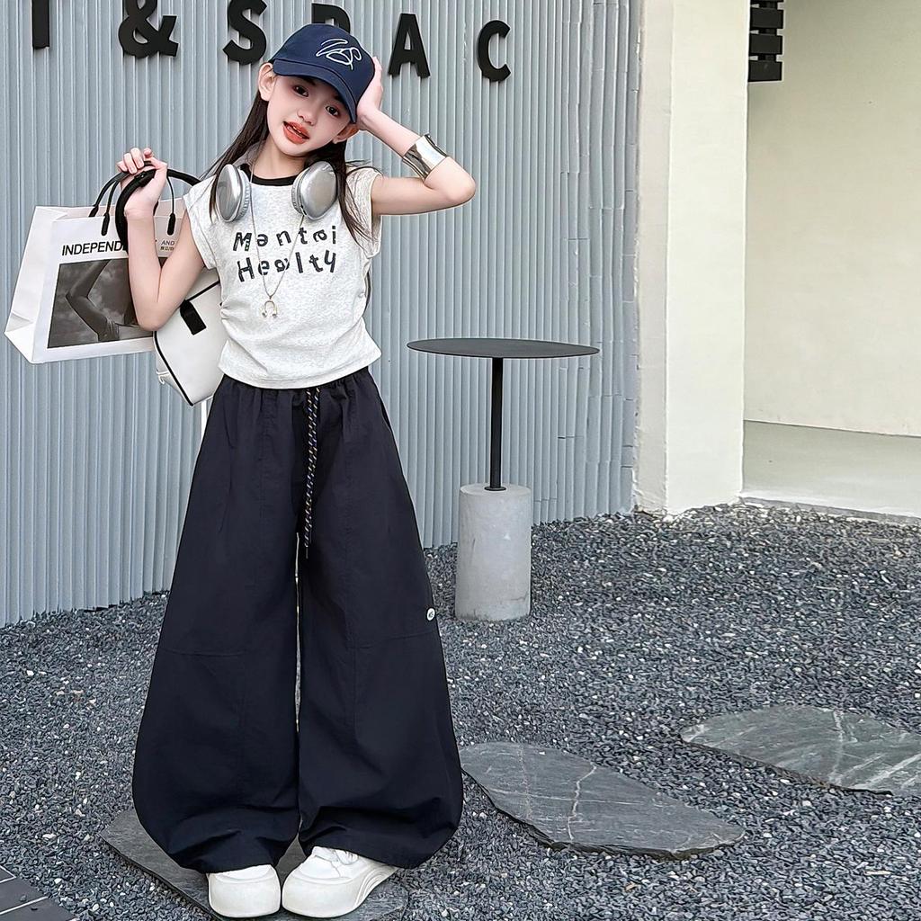 Girls' Korean Style Sleeveless T-shirt & Wide-Leg Pants Set - Casual Summer Street Dance Outfit