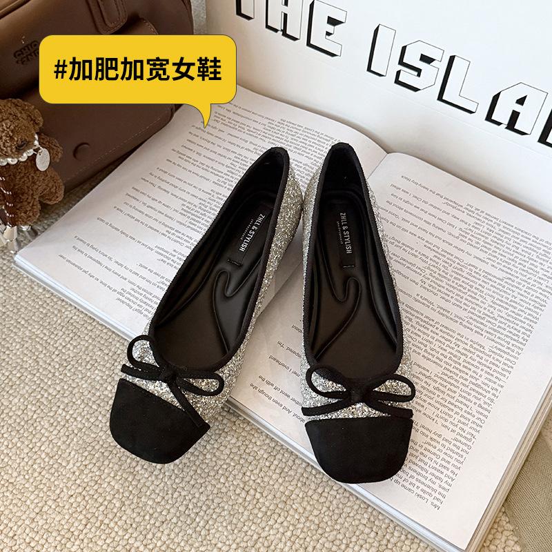 

inner height increase square head sequins women s single shoes bow rhinestone flats fattened and widened large size women s shoes 45 срібний