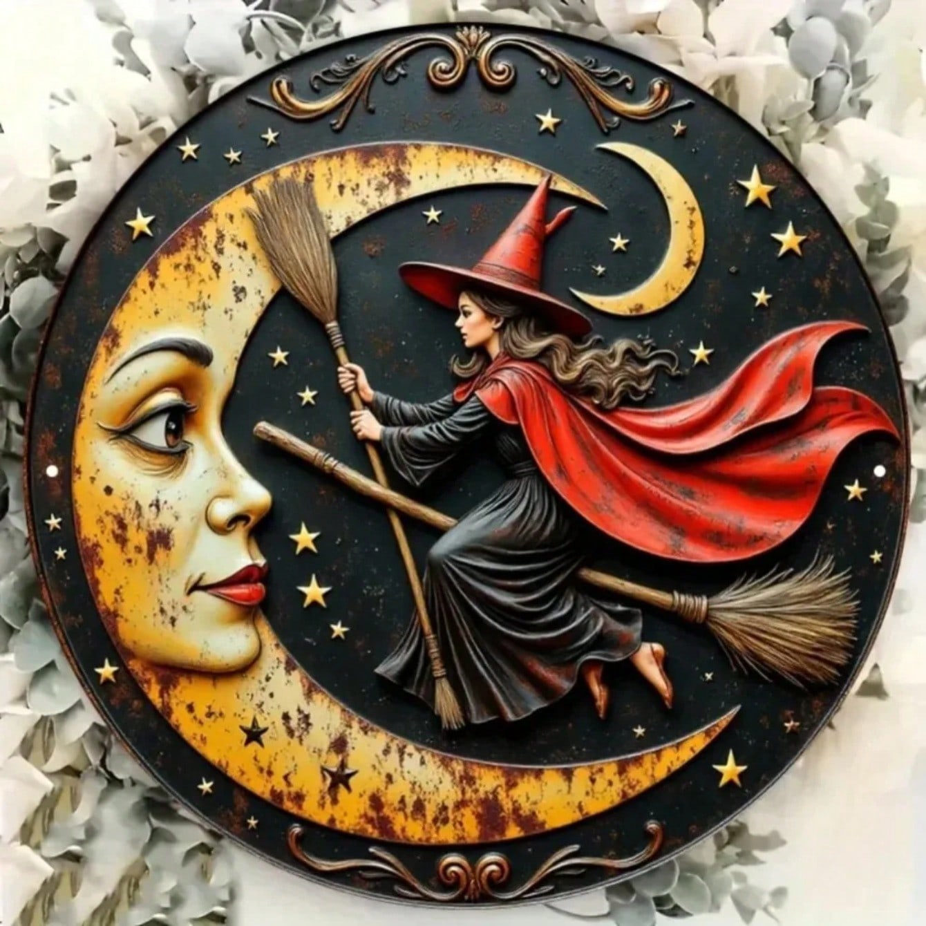 

Witch on Moon Broom Ride Retro Metal Wall Art Plaque Decor 20x20