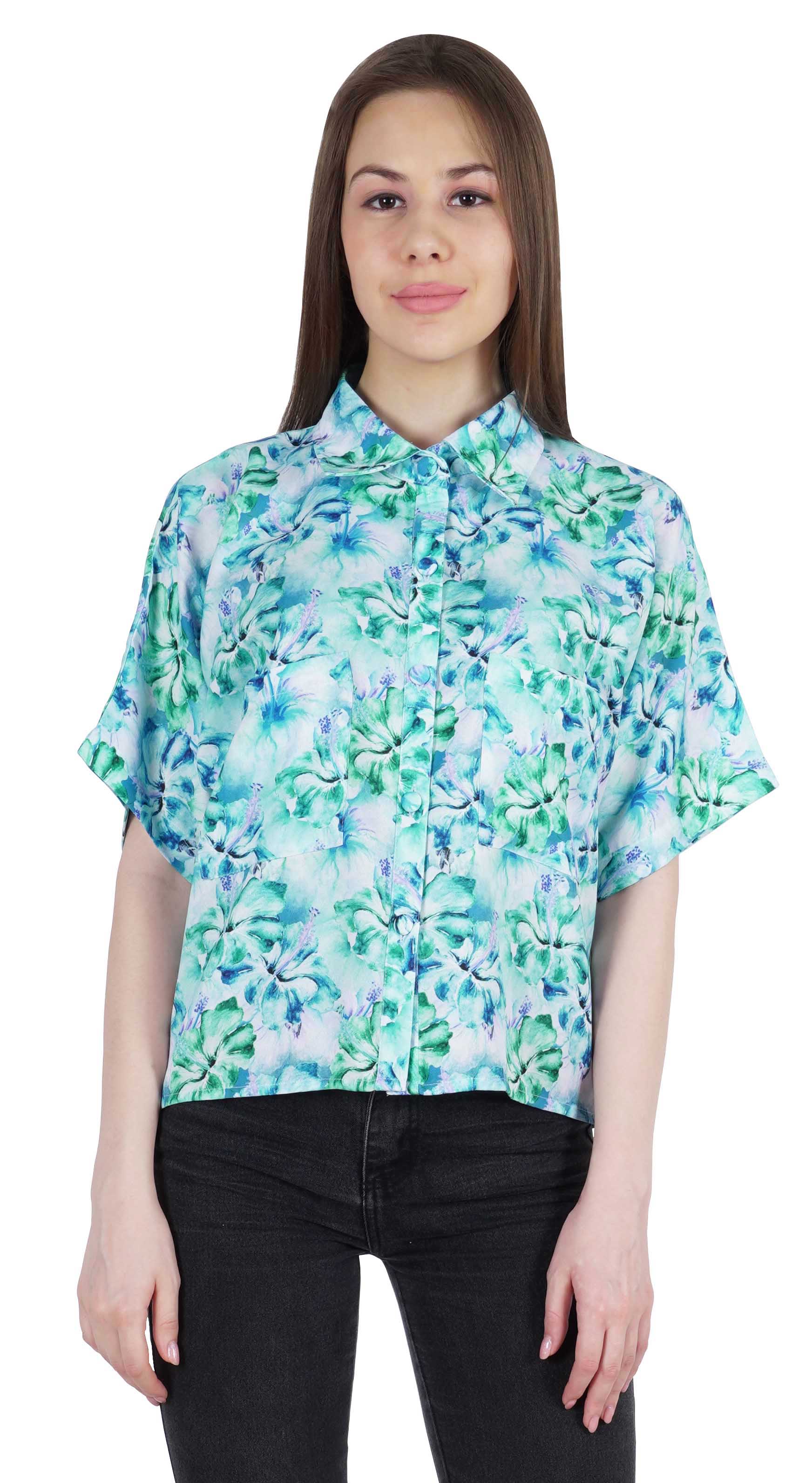 

Moomaya Women s Printed Top Collar Neck Button-Down Shirt Short Sleeve Tunic XXL бірюзовий колір синій