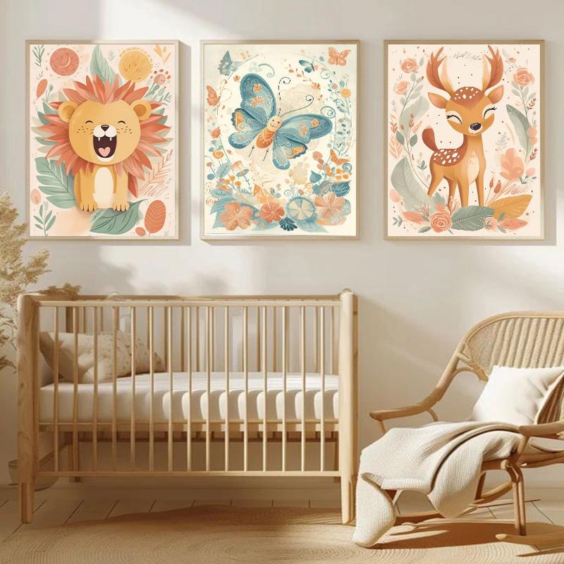 Cartoon Lion Giraffe Fox Nursery Wall Art Print Poster Baby Bedroom Cute Animal Canvas Painting Modern Room Aesthetic Decoration