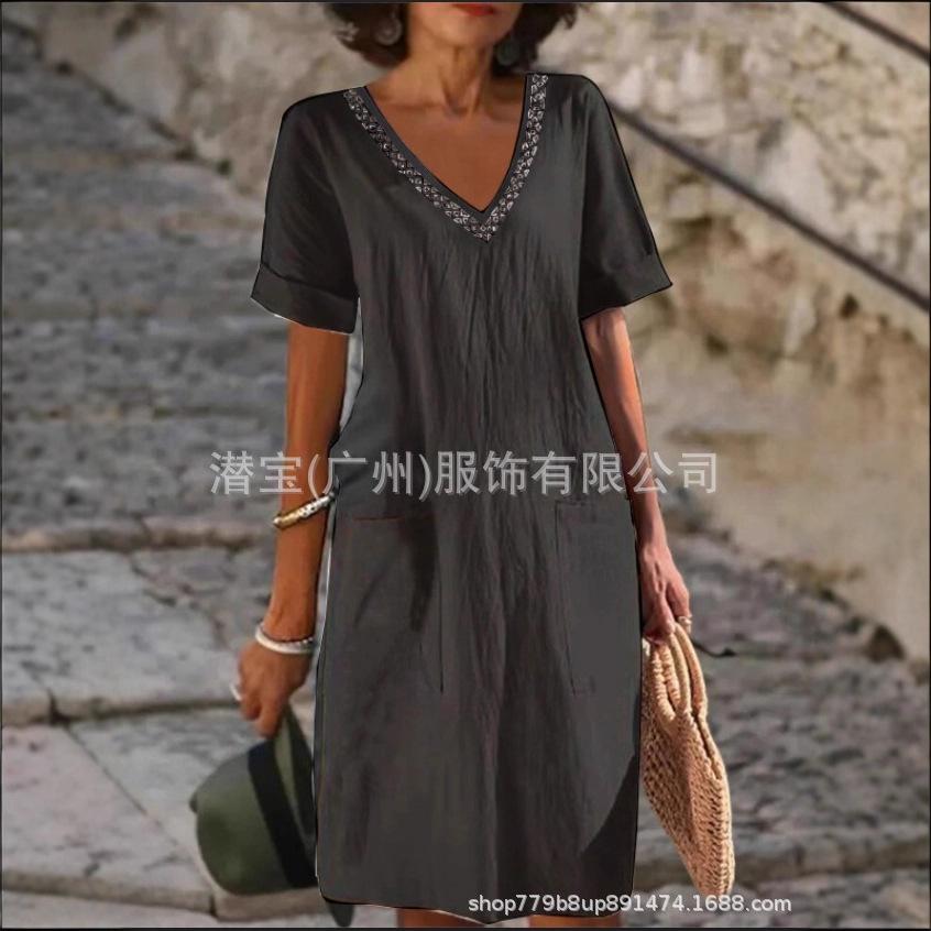 New European and American women's clothing solid color cotton and linen lace short-sleeved summer hot-selling dress