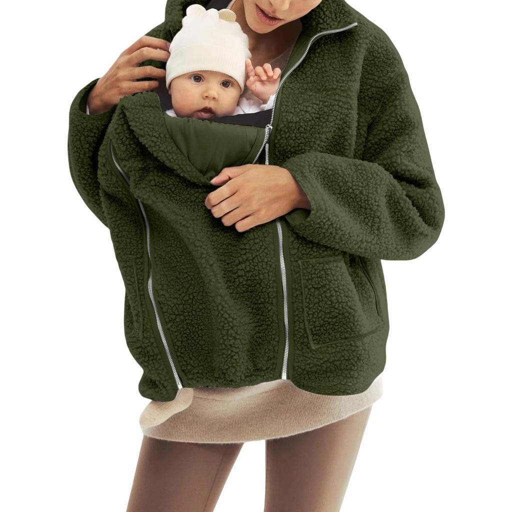Ensemble familial assorti surdimensionné à la mode pour femmes: Manteau Kangourou Mère-Enfant Une Pièce Couleur Unie en Peau de Mouton