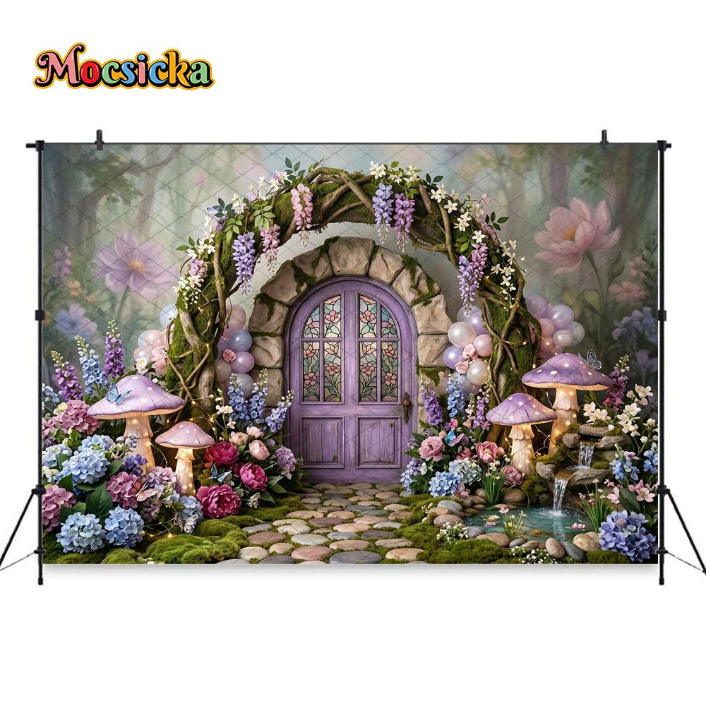 Mocsicka - Girls birthday photo background, mushroom, flower and butterflies house design, wild forest, for baby shower photos. Cotton-150x100cm