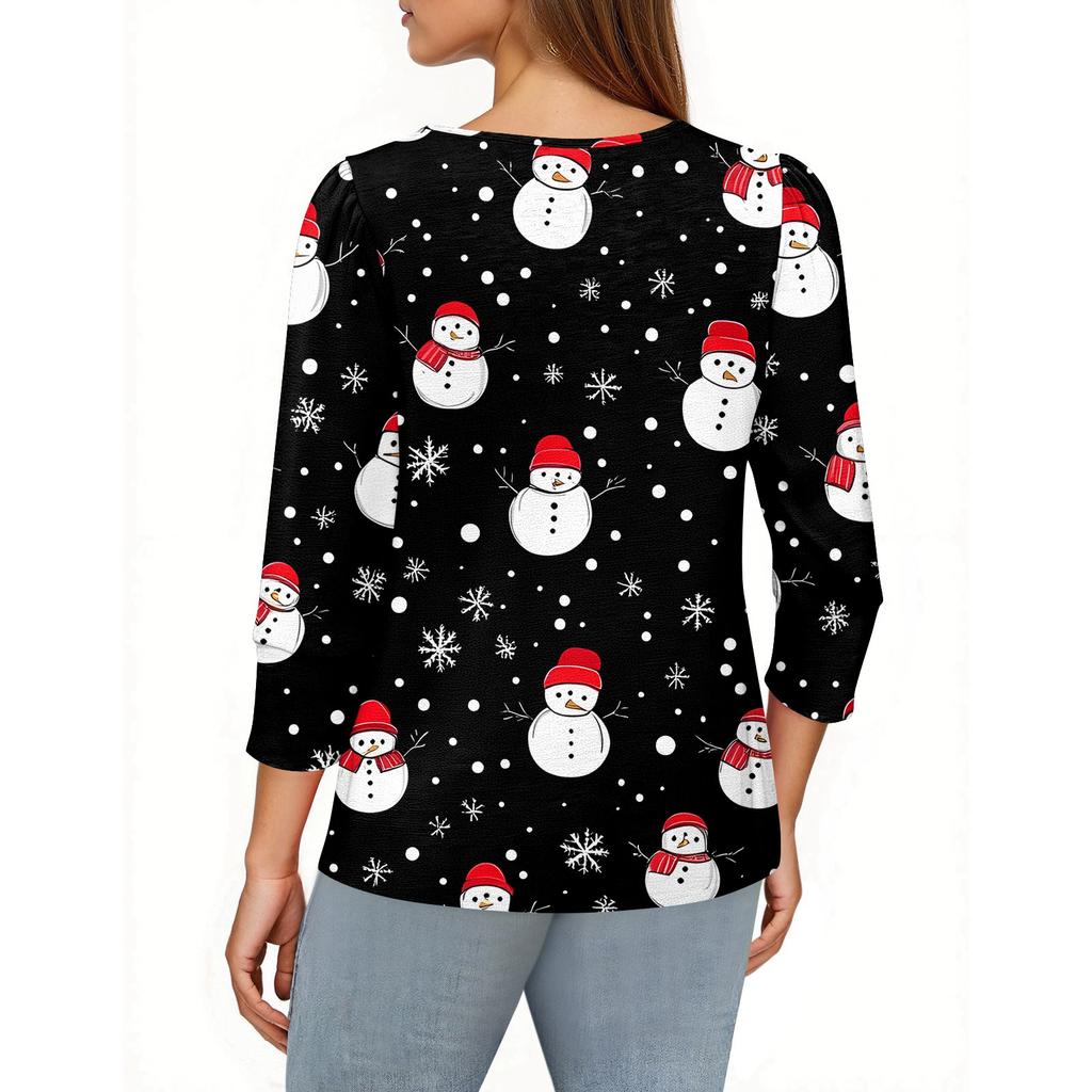 Women's Fashion Casual 3/4 Christmas Print Color Shirt Women's Round Neck Tops