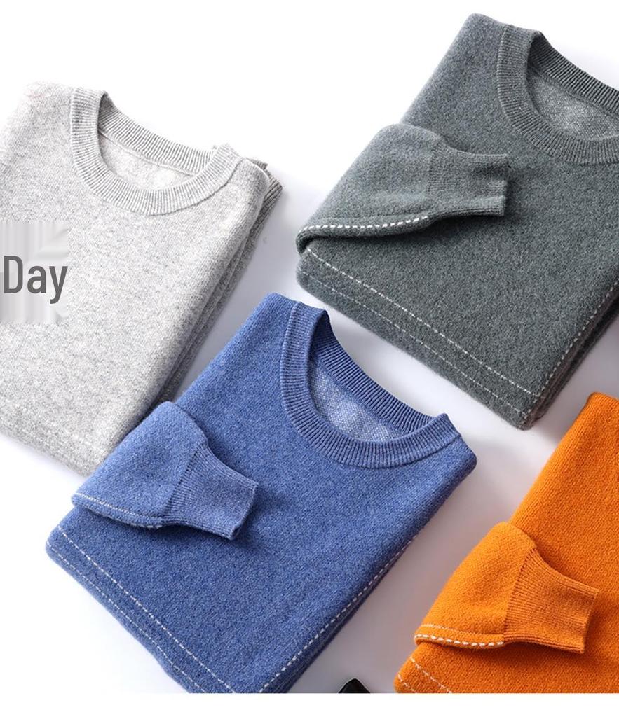 Men's Loose Round Neck 100% Wool Autumn & Winter Thick Knit Pullover Sweater