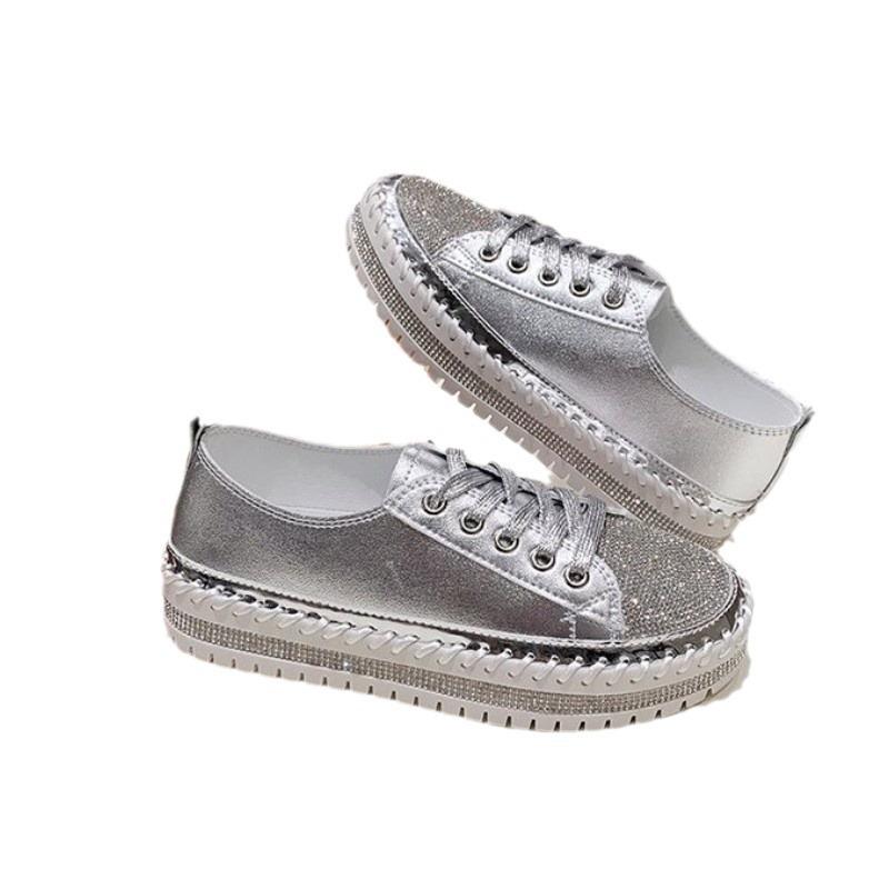 Spring and Autumn new rhinestone thick-soled lazy shoes female student muffin bottom hand-sewn small white shoes casual single shoes
