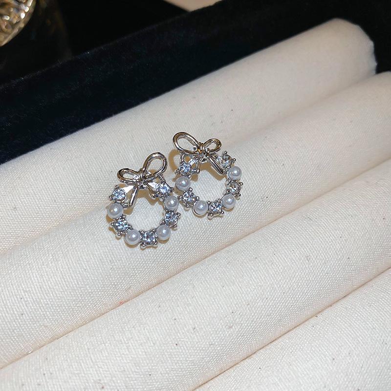 Diamond-set pearl double-sided earrings Korean ins temperament cold wind earrings fashion design earrings women