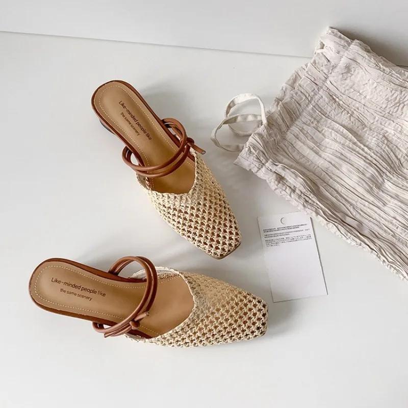 Fashion Vintage Woven 1 Slip-on Toe Half Slippers Women's New Outwear French Fairy Style Thick Heel Holiday Shoes