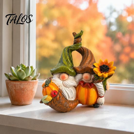 Decorative Crafts for Fall Gnome Ornament, Resin Autumn Harvest Figurines with Pumpkin And Collectible Couple Sunflower Decor Thanksgiving Halloween,