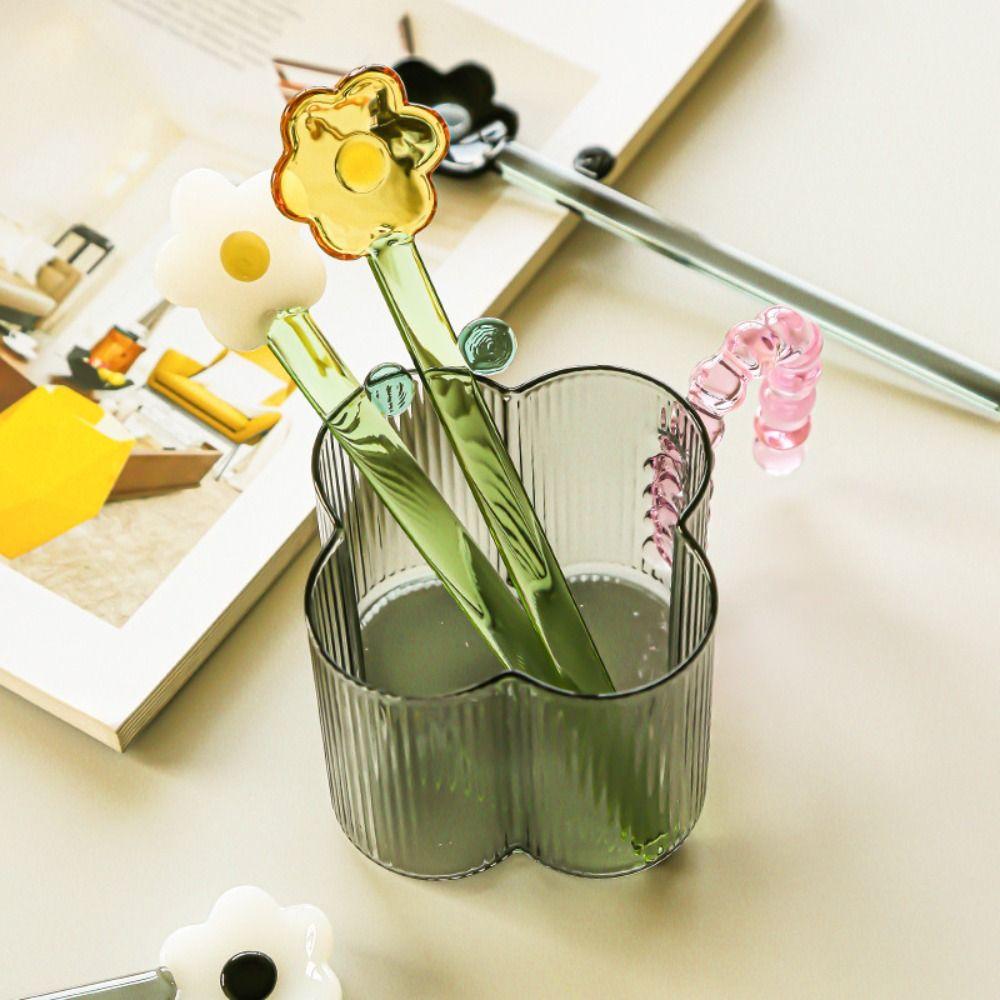 Flower Shaped Glass Spoon Long Handle Mixing Sticks Creative Coffee Stirring Spoon Stick Home