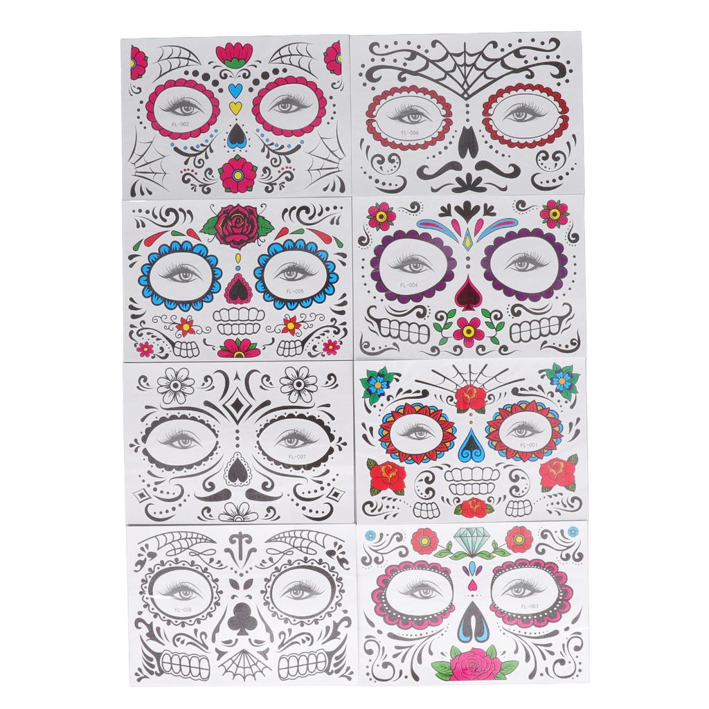 8 Sheet Halloween Face Makeup Tattoo Sticker Water Transfer Temporary Face Tattoo Sticker Set