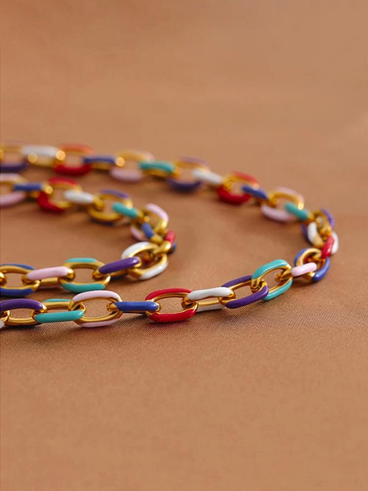 Colourful Enamel Necklace Bracelet For Women Stainless Steel 18K Gold Plated Waterproof Women's Neck Chain Bracelets Zircon Set